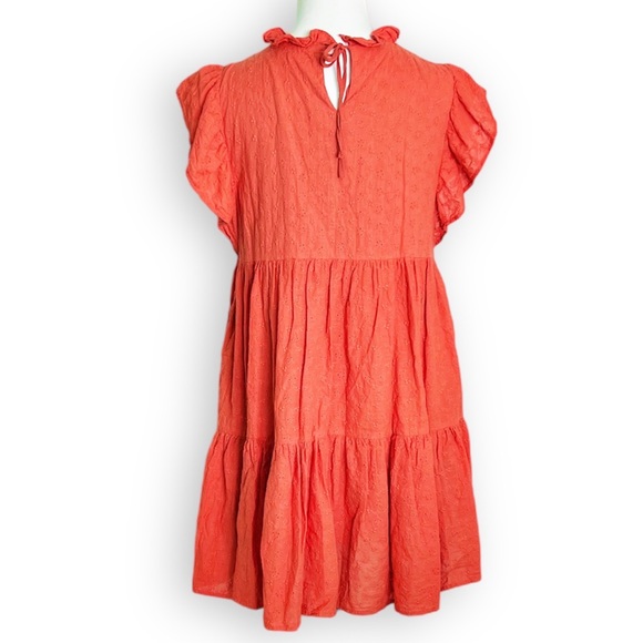 EN SAISON EYELET FLUTTER SLEEVE WASHED COTTON ORANGE BABYDOLL RUFFLED MI… - Picture 3 of 16